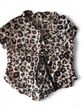 stars above Leopard Print Button-Down Top & Shorts Set - Beige, Black, Brown